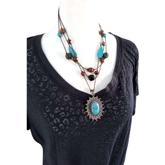 Womens Vintage Copper Filligree Beads and Faux Turquoise 3 Strand Pendant Neckl - Picture 2 of 7